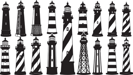 Fototapeta premium Collection of various lighthouse silhouettes in black and white