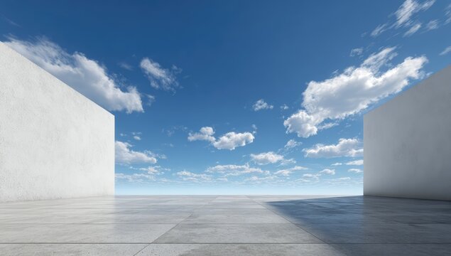 Modern Architectural Space with Bright Blue Sky and Clouds.