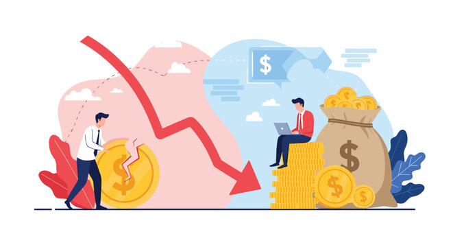 Business crisis and success comparison showing a man with a broken coin against a falling arrow and another man with wealth.