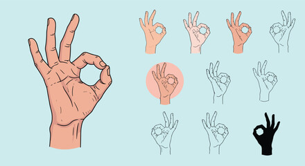 Fototapeta premium Various styles of the okay hand gesture presented in different skin tones, line art, silhouettes, and highlighted circular icons.
