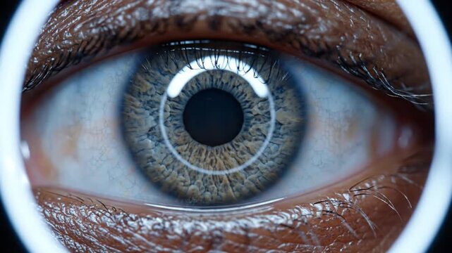 Extreme close-up of a human eye with a reflective iris and detailed eyelashes against a stark black background.