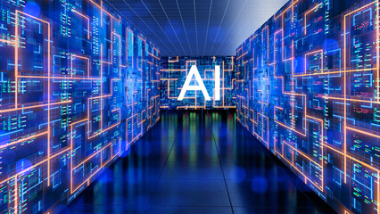 Fototapeta premium Artificial intelligence technology, data processing. Digital system visualizes AI algorithms and neural networks, managing big data and computing operations.