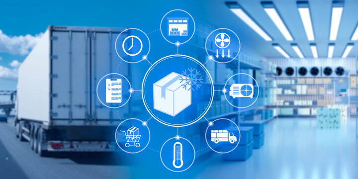 Cold storage logistics, refrigerated transport. Temperature controlled warehouse and truck support cold chain delivery, ensuring safe storage and shipment of goods.