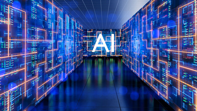 Artificial intelligence technology, data processing. Digital system visualizes AI algorithms and neural networks, managing big data and computing operations.