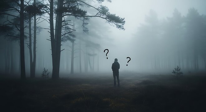 Misty Forest Scene with Lone Figure and Question Marks Above Head Dramatic Atmospheric Lighting