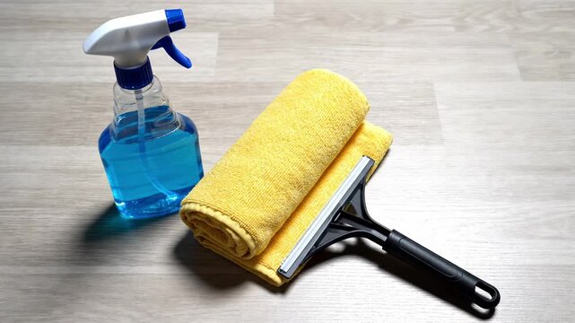 Hands engage in a meticulous cleaning process, utilizing a bright yellow roller and vibrant blue spray bottle against a sleek wooden surface, embodying freshness and efficiency.