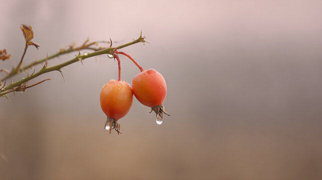 Two red berries dangling with raindrops on a stem