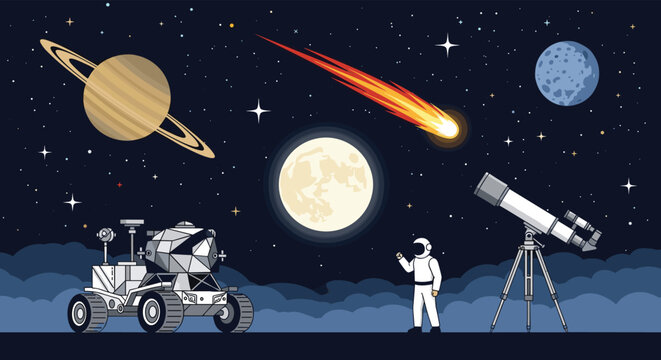 Pixel art space exploration scene depicts astronaut standing near lunar rover and telescope with comet and planets in starry night sky.