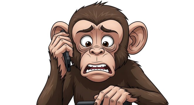 A shocked monkey on the phone, looking at its smartwatch with a look of disbelief and concern, cartoon illustration