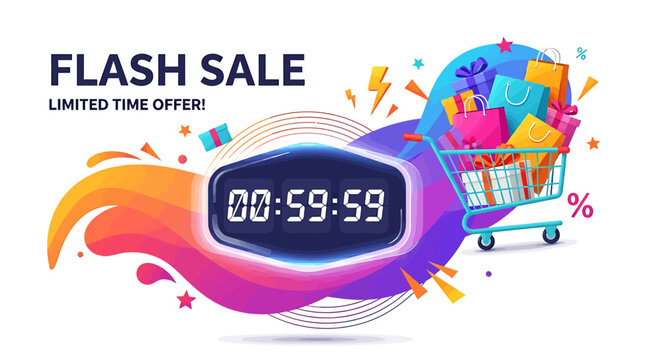 Flash Sale Limited Time Offer Shopping Cart with Gifts and Countdown Timer.