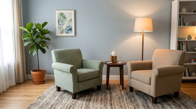 Modern therapy office interior with comfortable armchairs, professional counseling room with green fiddle leaf fig plant, cozy mental health clinic