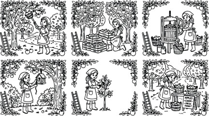 Fototapeta premium Black and white vector art showing girl harvesting apples picking fruit pressing cider selling fresh juice outdoors detailed orchard scene with trees and baskets