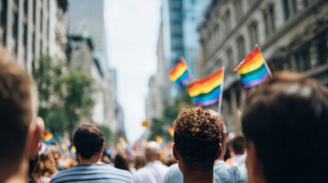 Crowd of diverse people attending a city pride parade, showing support, community, equality, and lgbtq plus rights