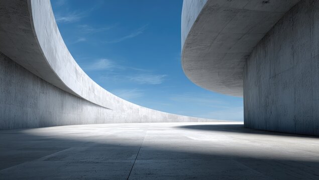 Modern Architectural Design with Curved Concrete Walls and Blue Sky.