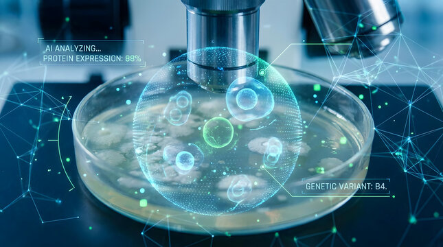 Microscopic cells observed under laboratory conditions, showcasing advanced scientific analysis with holographic displays