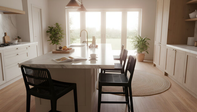 Bright white kitchen with island and three chairs, bathed in warm light, inviting for gatherings and culinary adventures at a traditional cottage.