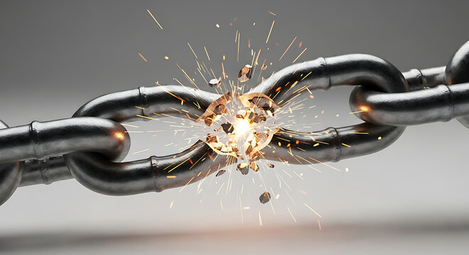 A broken metal chain with sparks flying as it explodes in a dramatic display of force and energy.