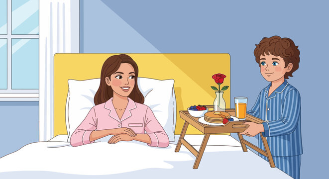 Woman in bed with breakfast tray.