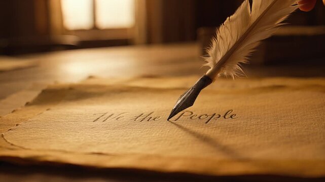 Declaration of Independence Quill Pen Writes We the People on Parchment with Window Light  Evoking History and Democracy