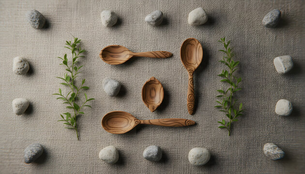 Minimalist kitchen still life with wooden utensils, stone tiles, olive branches, and textured linen fabric creating a serene, organic composition of natural materials and neutral tones