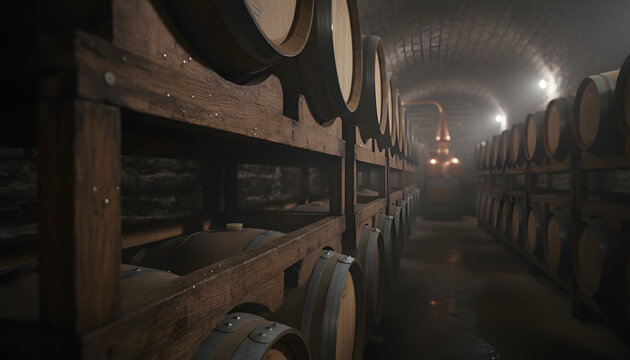 Cinematic winery cellar interior with rows of oak barrels stacked on metal racks, warm lighting creates rustic and inviting atmosphere, stone arch ceiling enhances vintage charm