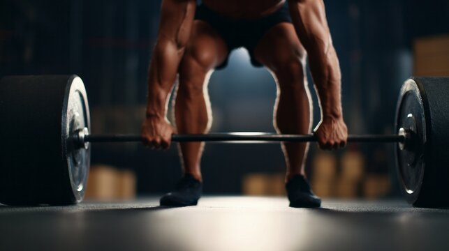 Muscular person preparing to lift a heavy barbell, demonstrating strength, determination, and intense fitness training at a gym