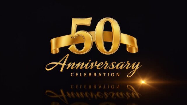 Elegant Golden 50th Anniversary Celebration Design with Ribbon and Reflective Surface on a Black Background