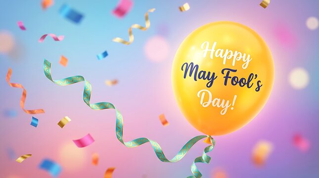 Happy may fools day text on yellow balloon with confetti streamers and colorful gradient background festive celebration concept