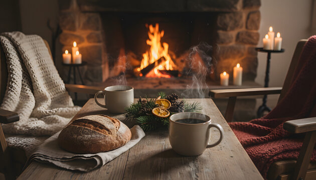 Cozy Nordic lodge interior with wool blankets and pine accents reflecting traditional Scandinavian hygge lifestyle