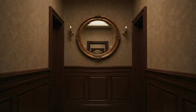 Opulent hallway with golden accents. Classic design with rich textures and warm lighting creates an inviting atmosphere.