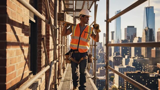 On a bustling construction site, a skilled worker confidently maneuvers along metal scaffolding, with a stunning cityscape behind. The sunlight casts a warm glow over this dynamic scene.