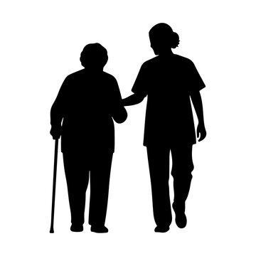 Elderly woman with cane assisted by caregiver, silhouette vector illustration