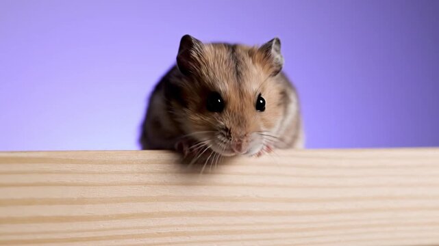 Hamster portrait on wooden surface against a purple backdrop