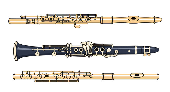 Woodwind musical instruments collection displays two silver flutes and one dark clarinet arranged horizontally against white background.