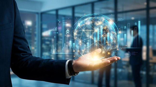 Businessman holding glowing digital globe with data visualization and global network technology concept