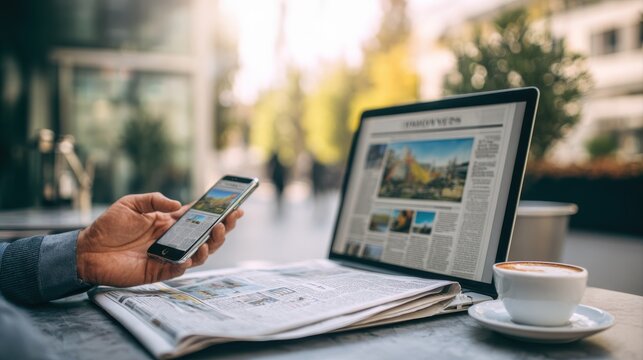 Watching news online on laptop with mobile newspaper technology