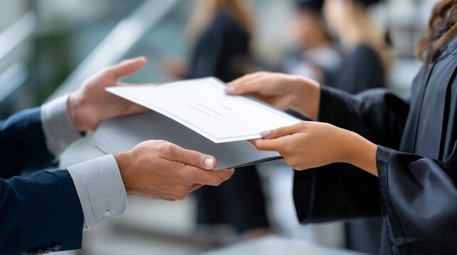 Graduate's hands receiving a diploma from an academic in a suit, symbolizing educational achievement and success