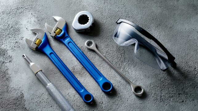 Blue adjustable wrenches, ring spanner, socket, awl and safety glasses arranged on textured gray concrete surface, top view