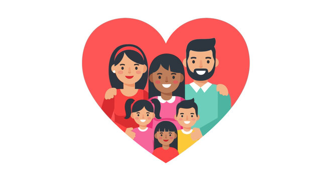 This flat design vector illustration beautifully captures a diverse family, including parents and children, warmly embraced within a heart shape, symbolizing unconditional love and unity. 