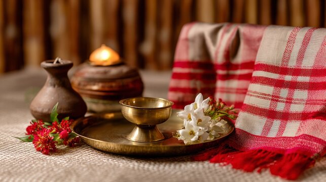 Cultural gamosa cloth, brass plate, oil lamp, and flowers representing the vibrant assamese bohag bihu festival