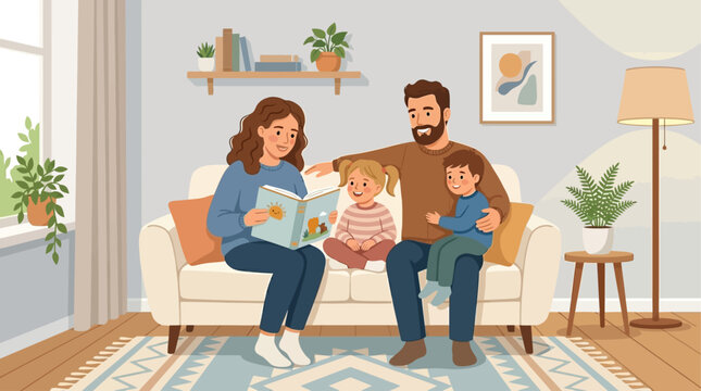 This flat design vector illustration shows parents lovingly reading a storybook to their children in a cozy, minimalist home setting, emphasizing family bonding and education. 