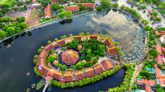 Aerial view of Sampan rowing boat mooring in Ninh Binh, Vietnam.