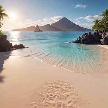 Sandy white beach with crystal clear waters and a volcanic island in the distance, beach,  island,  Labuan Bajo