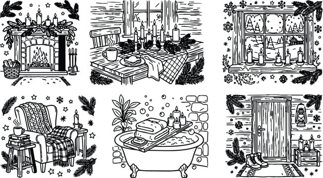 Hand drawn cozy winter cabin interior with fireplace candles window table bathrobe and boots vector line art illustration detailed rustic decoration black and white design