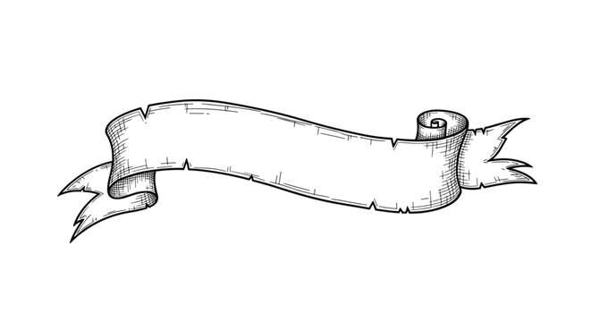 Vintage hand-drawn sketch of a long curled paper ribbon banner with tattered edges isolated on a plain white background.