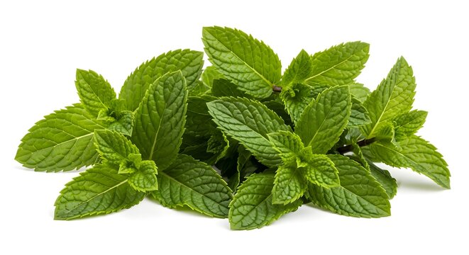 A bunch of fresh green mint leaves on a white background