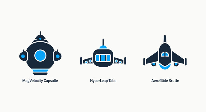 Futuristic transport icons depicting meg velocity capsule, hyper loop cube, and aero slide shuttle concepts on a white background