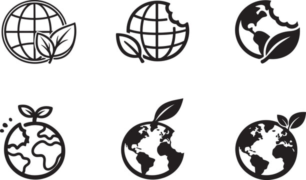 Eco bitten earth globe with growing plant sprout sustainability icons isolated