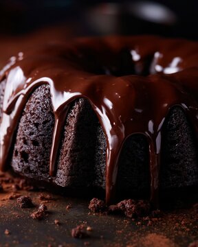 Close up of rich devil's food cake with thick chocolate ganache dripping down the sides, showcasing a moist texture and decadent appearance on a dark background