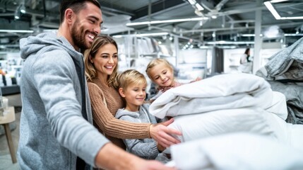 Obraz premium Smiling family with two children shopping for textiles in a shop, selecting new bedding or duvets for their home
